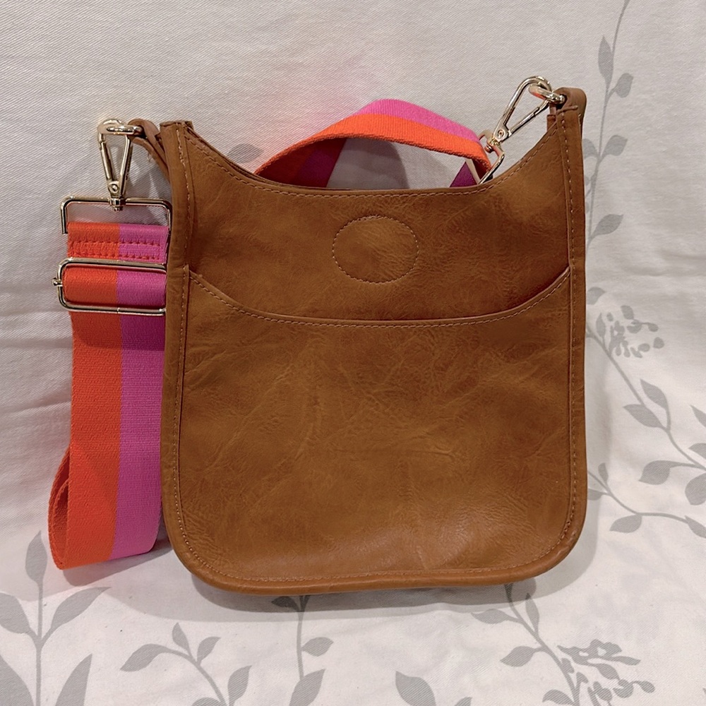 Brown Crossbody Bag with Pink & Orange Strap - Casual Women's Shoulder Bag